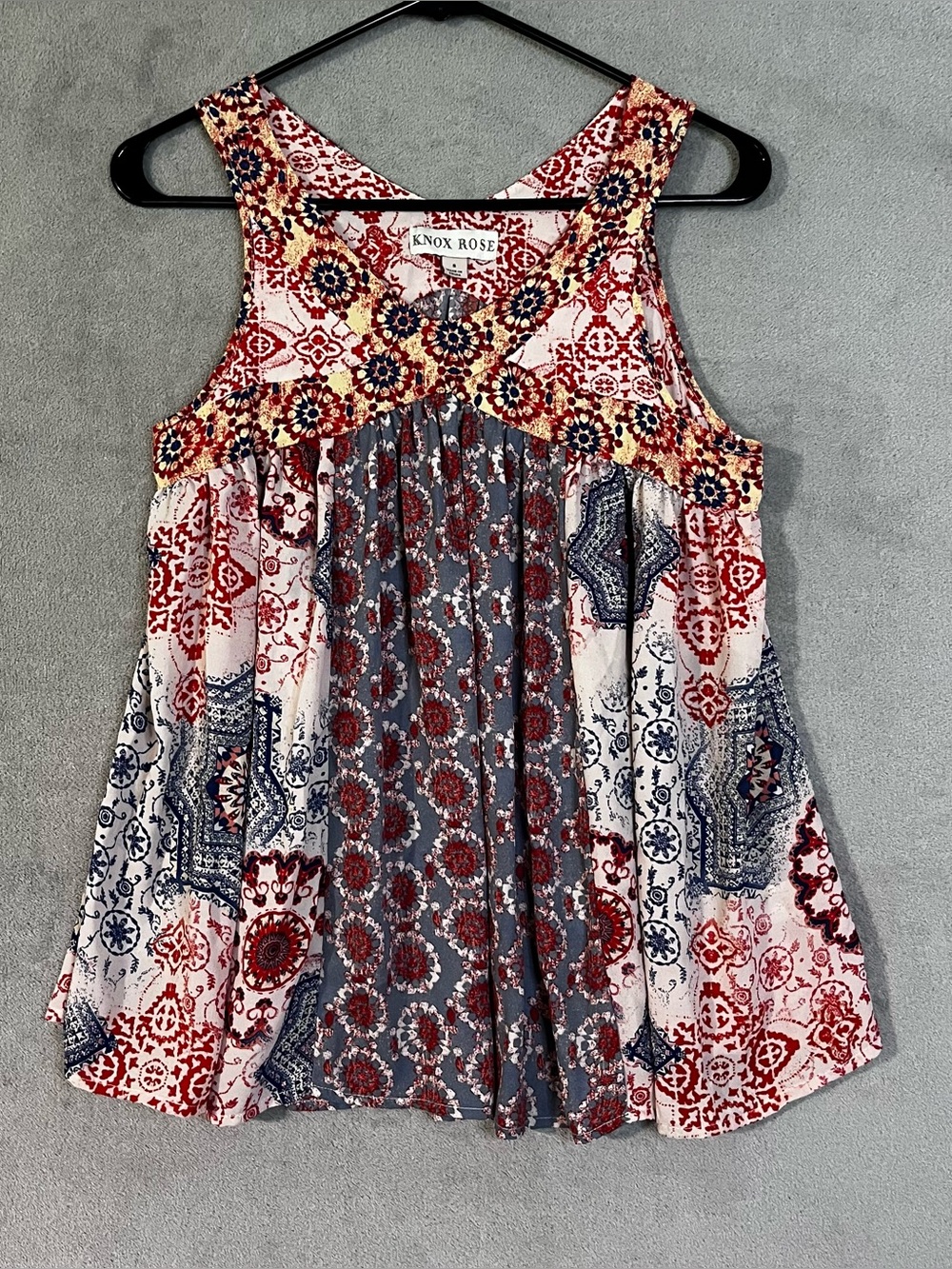 Knox Rose Red Navy Cream Patchwork Medallion Print Sleeveless Top